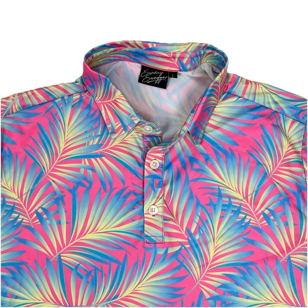 Sunday Swagger Maldives Men's L Polo Shirt Palm Leaf Tropical Performance Neon